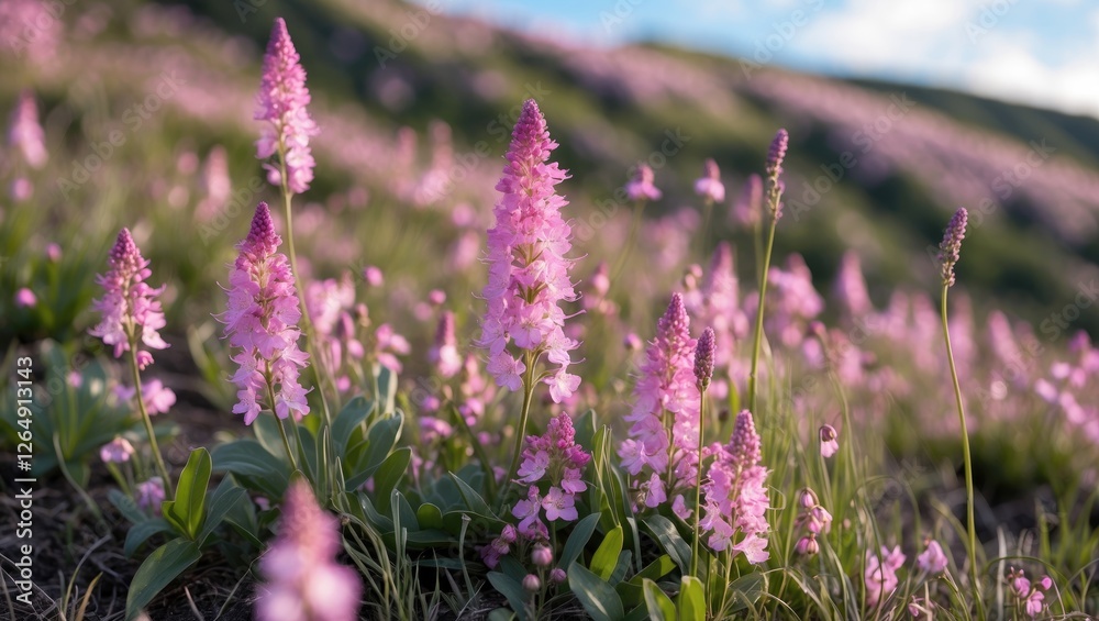 Poster pink flowering plants in a lush green field during daylight with mountains in the background and sof