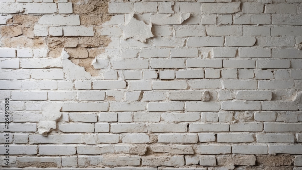 Poster textured white brick wall with peeling paint and exposed patches showing underlying material suitabl