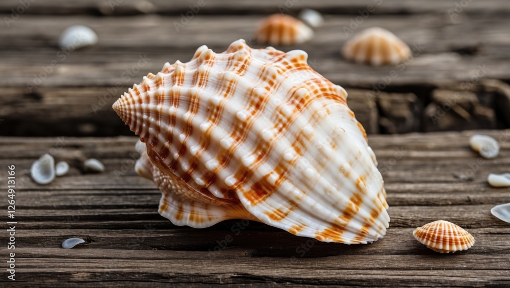 Aufkleber Close-up of a large seashell on weathered wood surface with smaller seashells, natural textures and patterns, Copy Space available