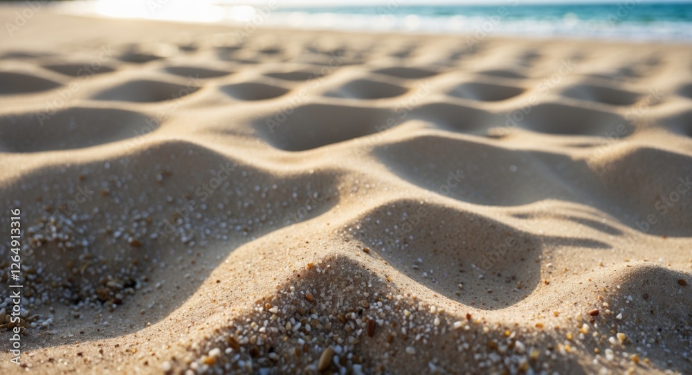 Poster close-up view of textured beach sand with ripples and grains in sunlight with ocean background copy 