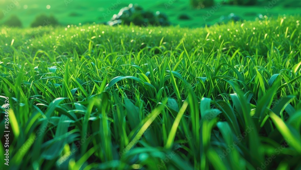 Poster lush green grass field with sunlight shining through creating a vibrant and fresh atmosphere copy sp