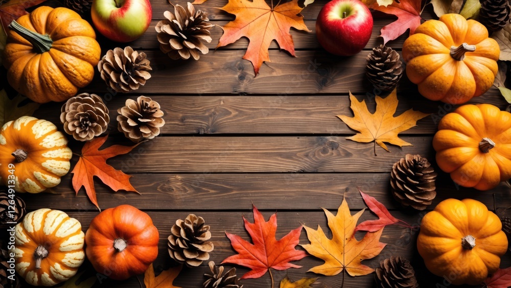 Poster autumn seasonal arrangement with pumpkins apples pinecones and colorful leaves on wooden background 