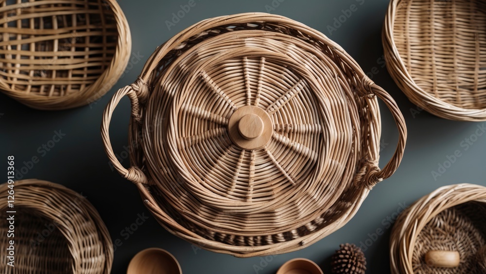 Aufkleber Woven wicker baskets arranged on a dark surface showcasing various shapes and sizes with copy space for text placement