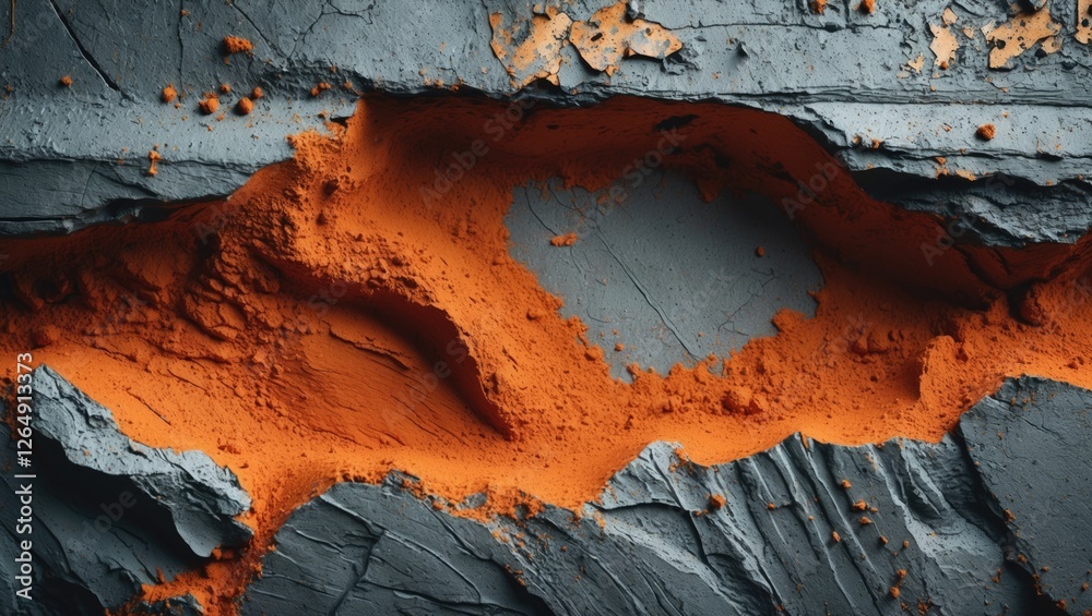 Aufkleber Abstract composition of textured rock surface with orange and grey color contrast showcasing mineral deposits and erosion patterns Copy Space