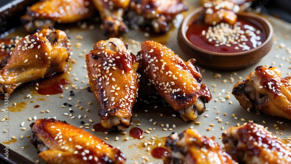 Poster grilled chicken wings coated in barbecue sauce and sesame seeds served on a baking tray with a small
