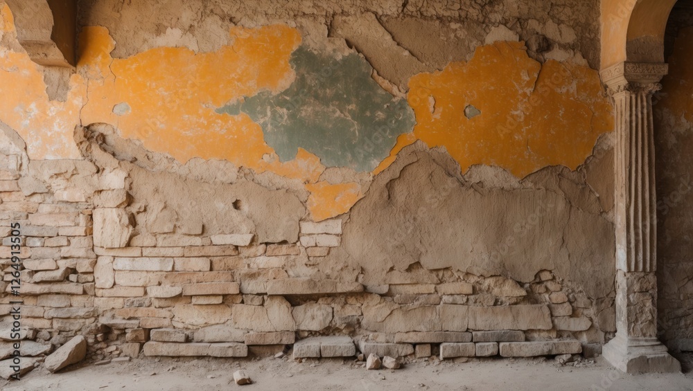Poster weathered wall with peeling paint and exposed bricks in an abandoned interior setting with architect