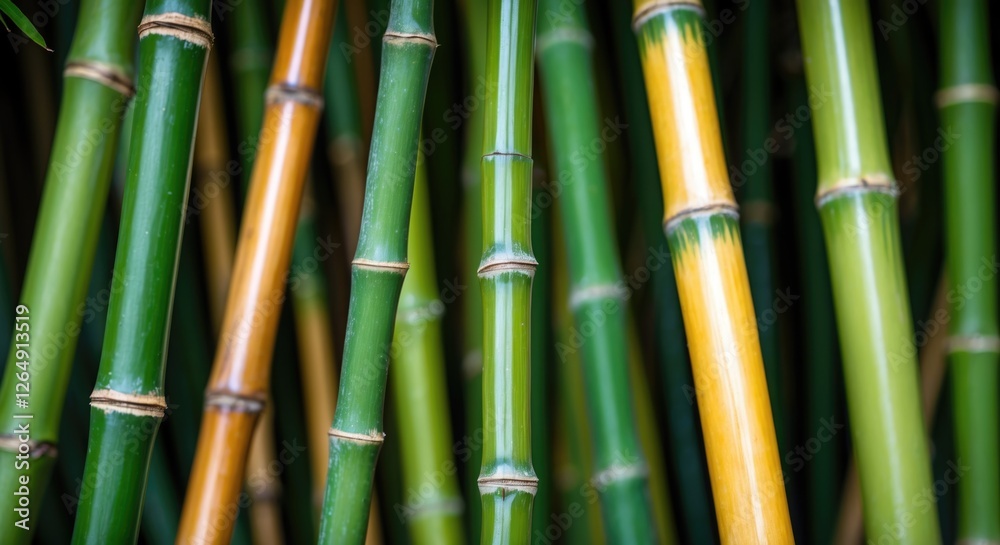Poster close-up of vibrant green and yellow bamboo stalks with textured surfaces and natural patterns copy 
