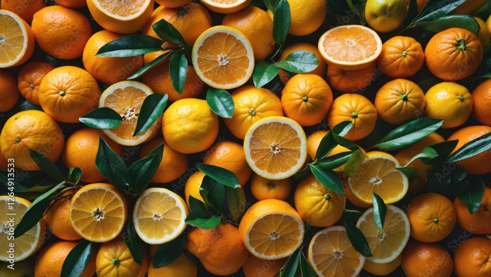 Poster assorted fresh citrus fruits including oranges, lemons, and limes arranged with green leaves on a da