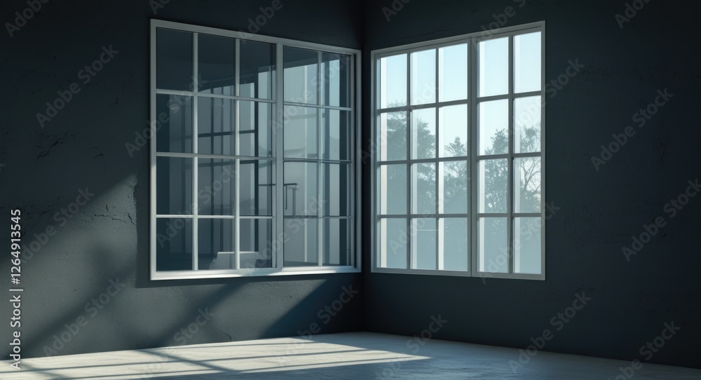 Poster Light-filled modern interior with large windows showcasing trees outside and clean lines on a concrete wall, Copy Space available.