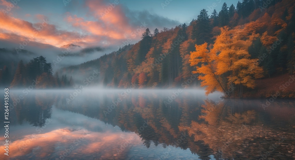 Poster autumn landscape with colorful trees reflecting in calm lake surrounded by misty mountains at sunris