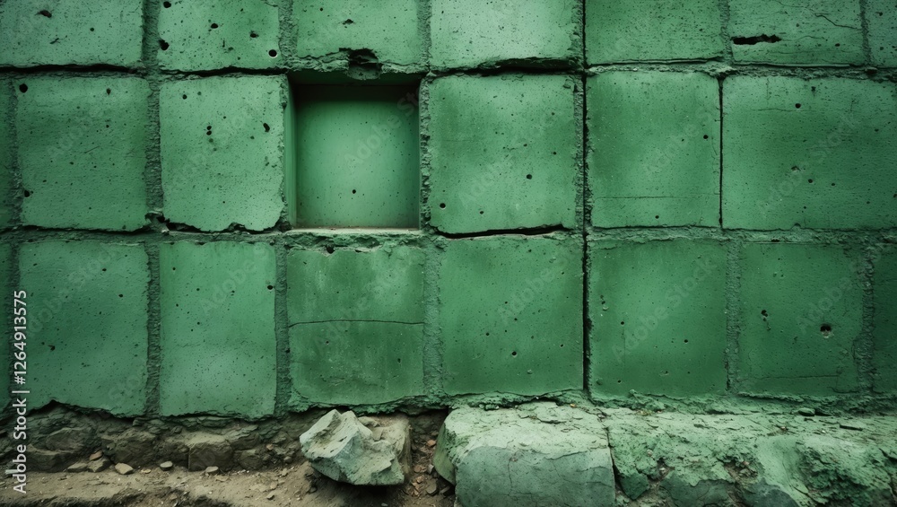 Poster Green concrete wall with textured blocks and empty space in the center for text or design copy space