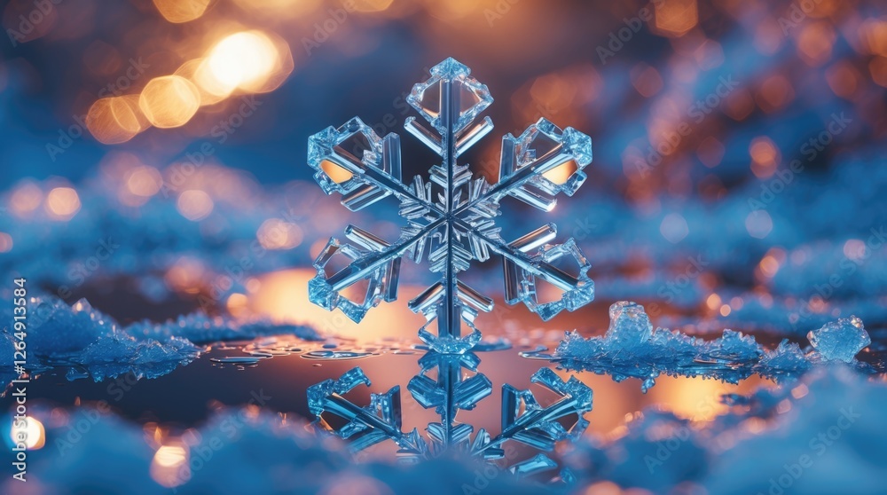 Aufkleber Macro shot of a single ice crystal snowflake on a reflective surface with blurred bokeh background during winter season Copy Space