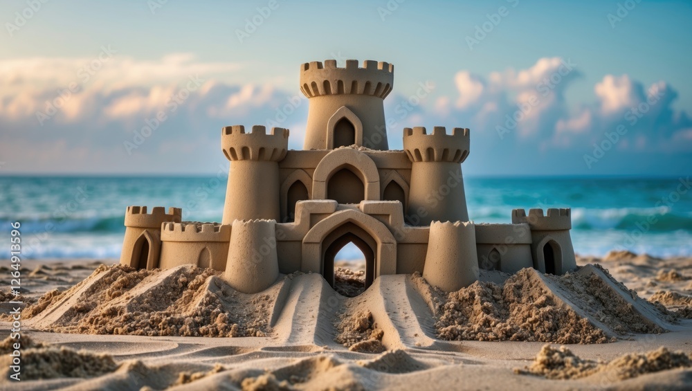 Poster Sandcastle on a beach with ocean waves and clouds in the background showcasing intricate design and textures Copy Space