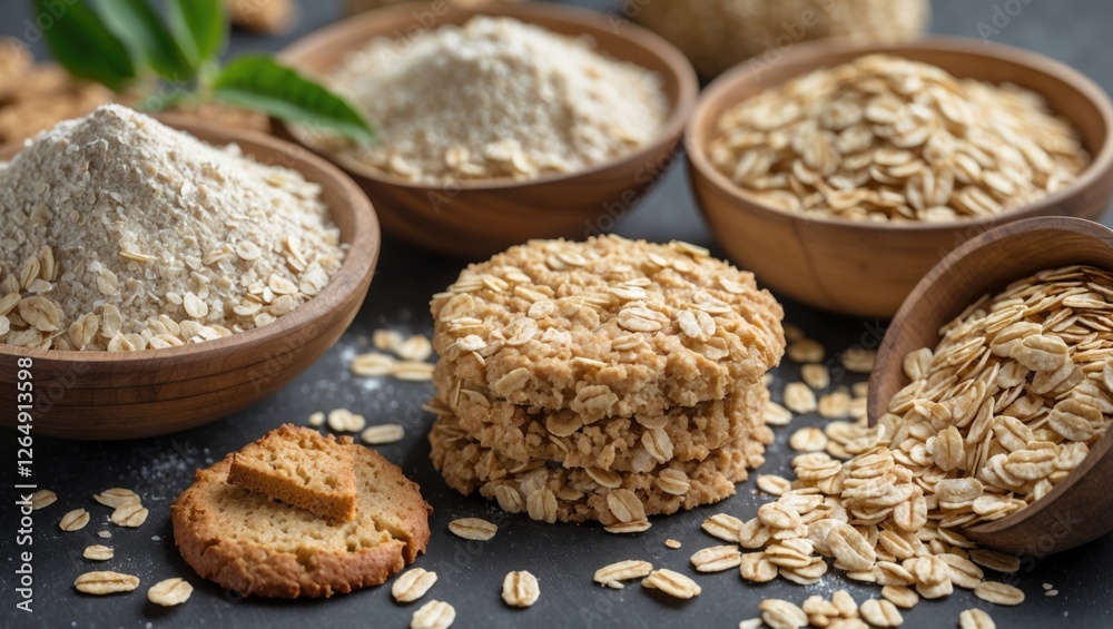 Poster oats and oatmeal products in wooden bowls with cookies and scattered oats on a dark background with 