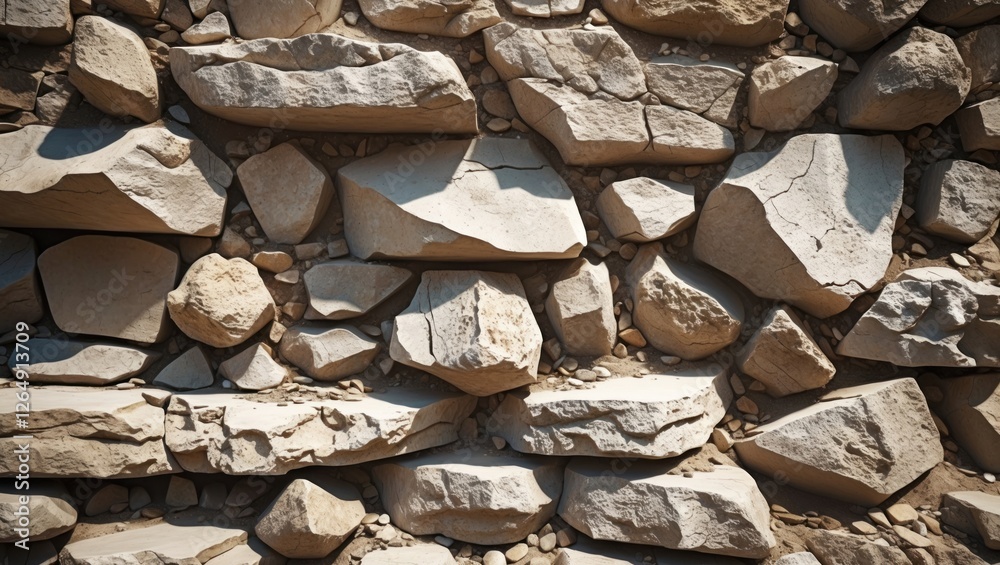 Aufkleber Textured stone wall background with various sizes of rocks and pebbles creating a natural pattern Copy Space