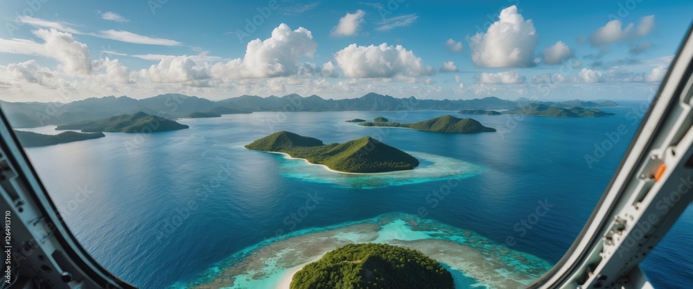 Poster aerial view of tropical islands with lush greenery and turquoise waters under a partly cloudy sky, s