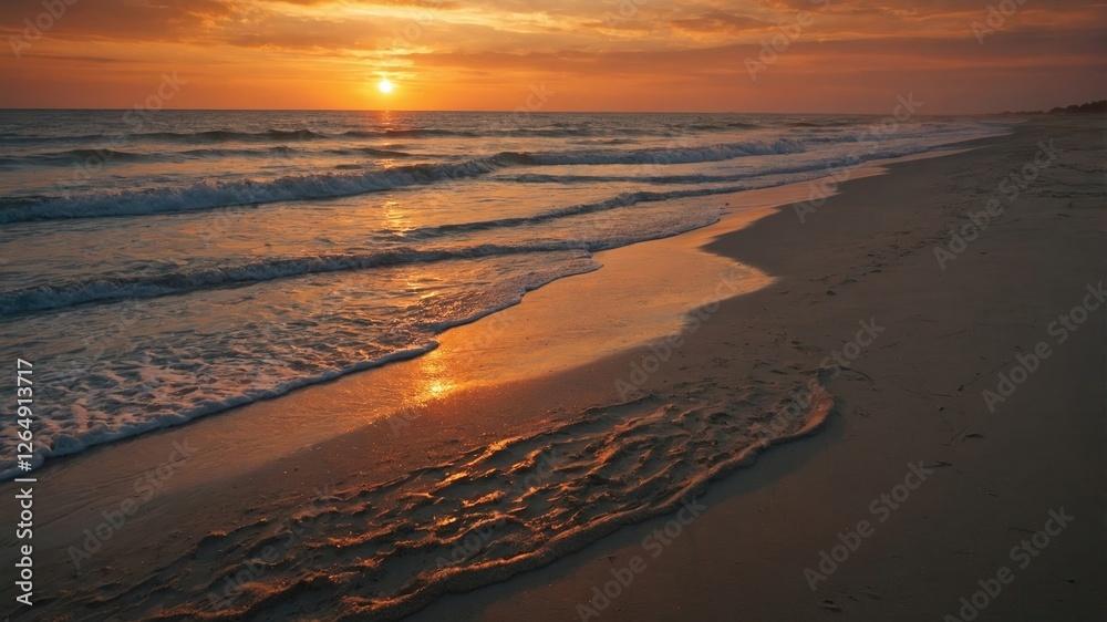 Aufkleber Sunset over the beach with gentle waves lapping at the shore and reflective sand patterns in the foreground Copy Space