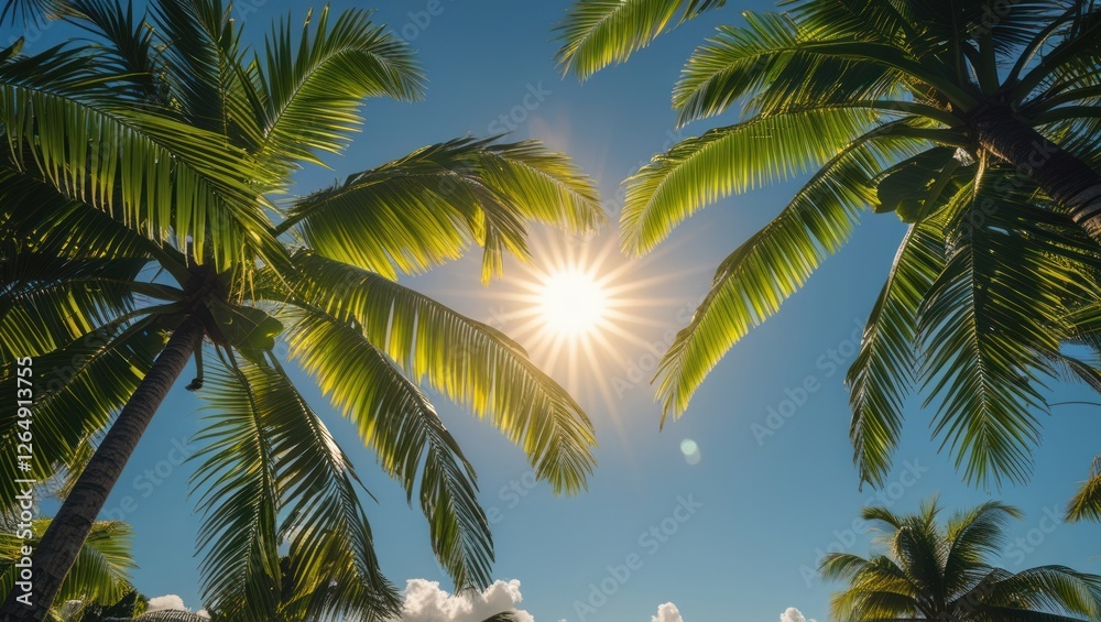 Poster palm trees under a bright sun with clear blue sky and fluffy clouds in the background showcasing tro