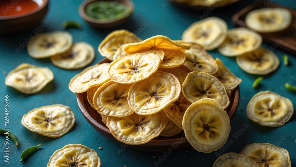 Poster dried banana chips arranged in a rustic wooden bowl on a teal surface with scattered chips and garni