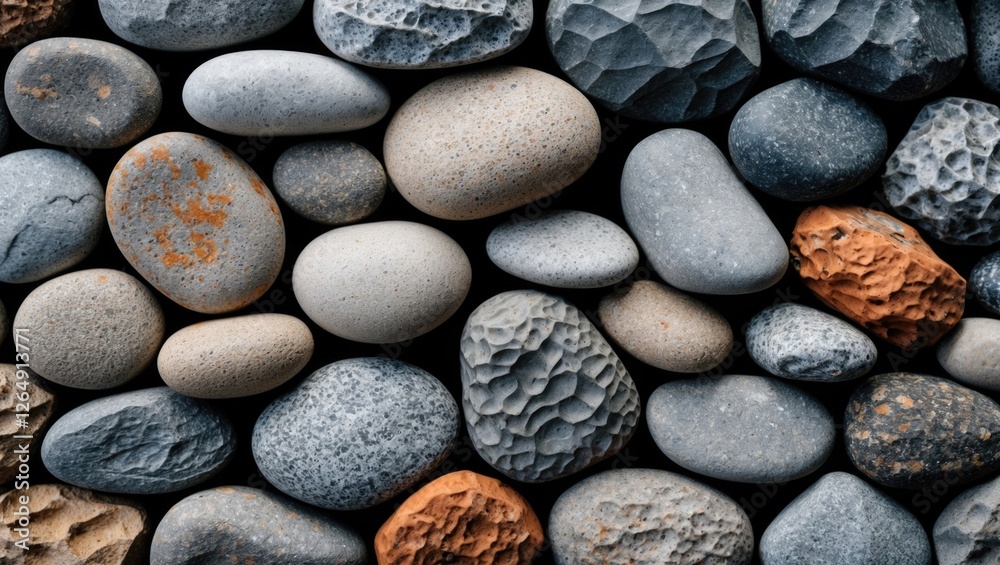 Aufkleber Colorful assortment of smooth textured stones and pebbles with varying shapes and sizes on a dark background Copy Space