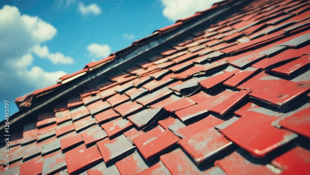 Aufkleber Weathered red and gray roof shingles with blue sky and clouds in the background showing texture and aging of materials Copy Space