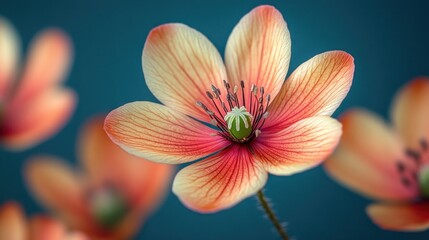 Fototapeta premium Close-up of a Delicate Peach Blossom, Vibrant Petals and Intricate Details, Soft Lighting, Teal Background