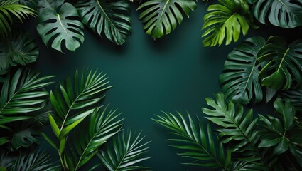 Tropical green leaves border on dark background with ample copy space for text insertion