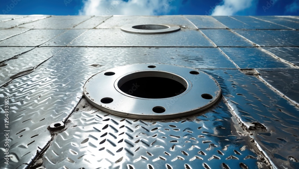 Poster metal surface with circular openings against a blue sky showing industrial design and texture copy s