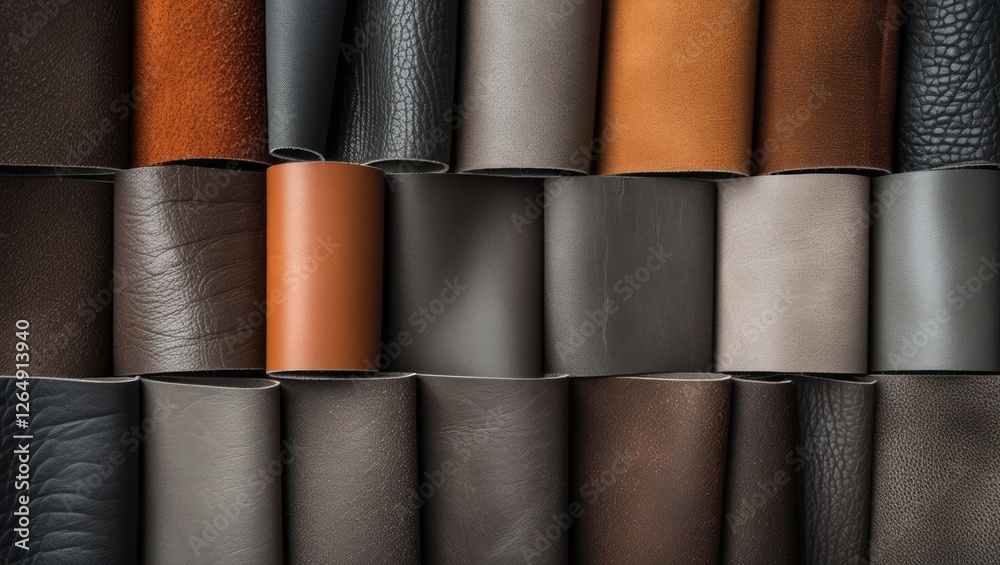 Poster various textures and colors of leather rolls arrangement background full frame copy space