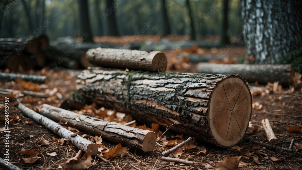 Poster Cut tree logs in a forest setting with fallen leaves and soft focus background creating a natural environment with copy space.