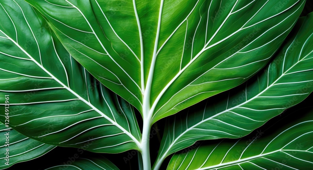 Poster large green tropical leaves with prominent white veins on a dark background showcasing intricate lea