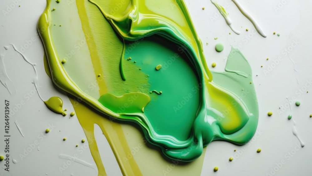 Aufkleber vibrant green and yellow paint spilled on a white surface creating an abstract artistic background w