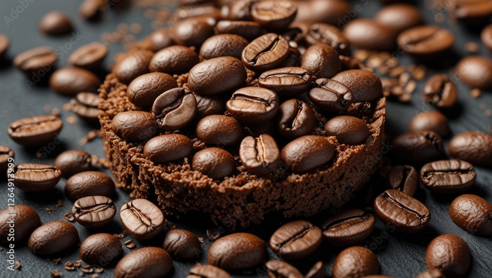 Leinwandbilder coffee beans arranged on a dark surface with a mound of ground coffee in the center providing copy s