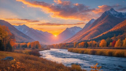 Fototapeta premium Autumn landscape with mountains river and sunset orange skies over valley Copy Space