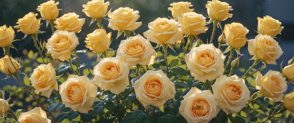 Poster yellow roses in full bloom surrounded by green leaves and soft natural light with copy space for tex
