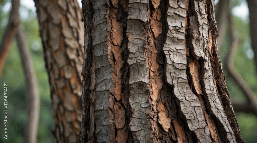 Poster Detailed close-up of textured tree bark with visible patterns and color variations illuminated by natural light against a blurred green background Copy Space