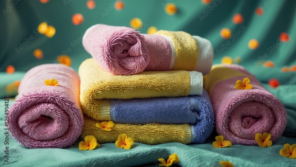 Poster Stack of colorful rolled towels on soft fabric background with yellow flower petals scattered around, bright and inviting atmosphere with copy space