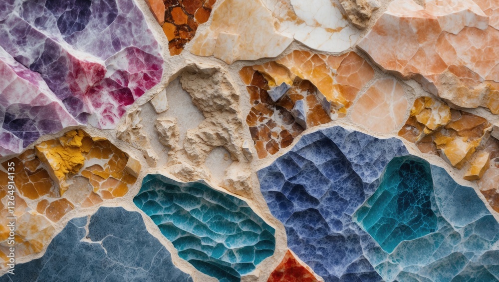 Poster Colorful polished mineral stone surface with intricate patterns and textures suitable for backgrounds and natural themes Copy Space