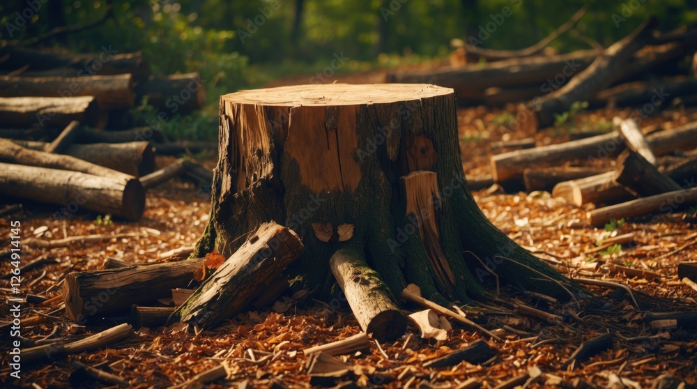 Poster tree stump surrounded by logs in a wooded environment natural light with visible wood texture and ba