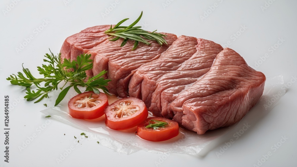 Poster raw beef steaks garnished with fresh herbs and sliced tomatoes on a white surface with copy space