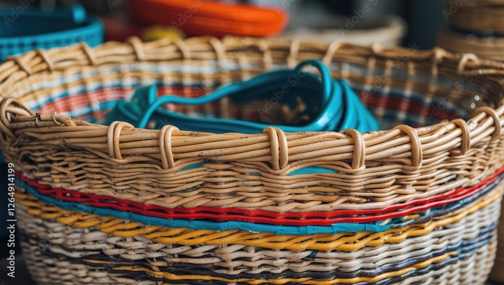 Poster colorful woven basket with blue and red decorative strands and circular handles inside, showcasing c