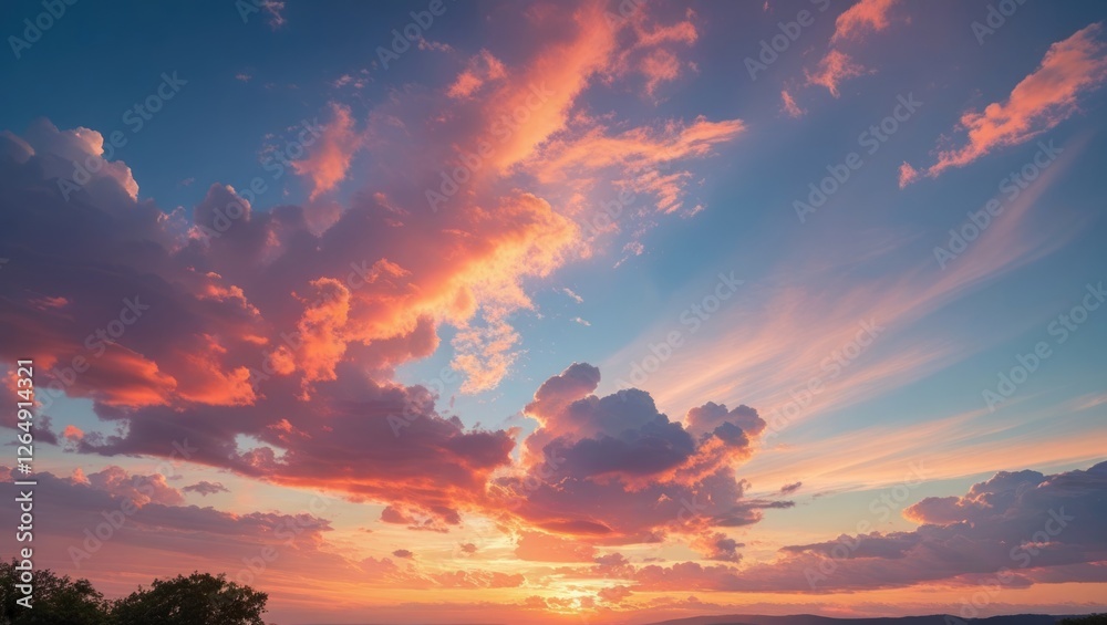 Poster vibrant sunset sky with colorful clouds and warm hues over a horizon with copy space for text placem
