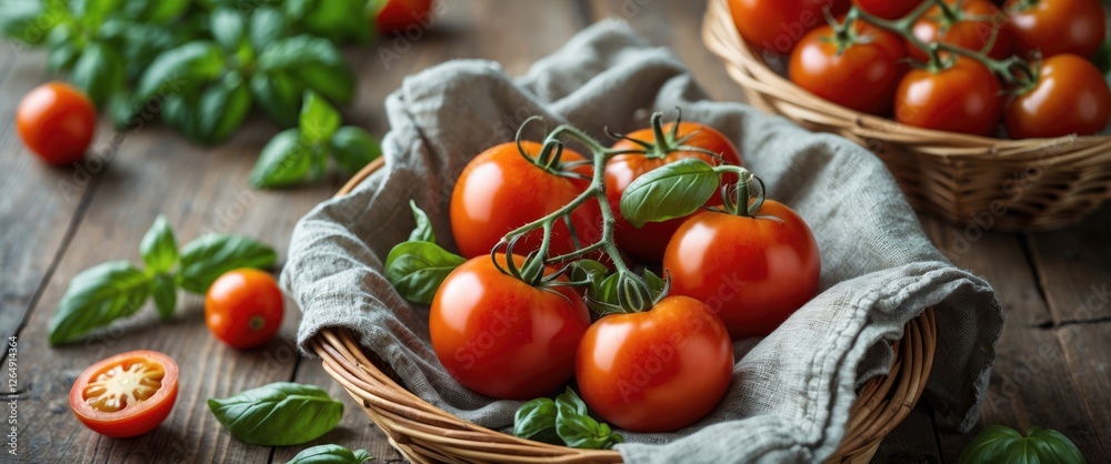 Aufkleber Fresh ripe tomatoes with basil displayed in wicker baskets on wooden table with copy space for text