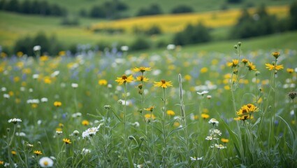 Vibrant wildflower meadow with yellow and white blossoms in a lush green landscape under a cloudy sky Copy Space