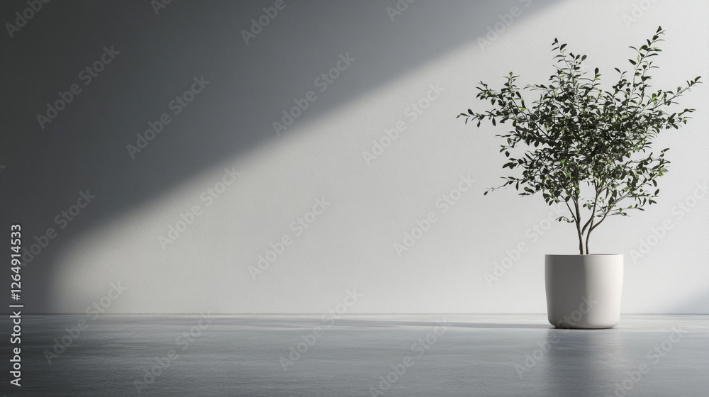 Poster Indoor minimalism: A serene scene with a potted plant basking in sunlight against a plain wall, creating a calm and peaceful atmosphere.