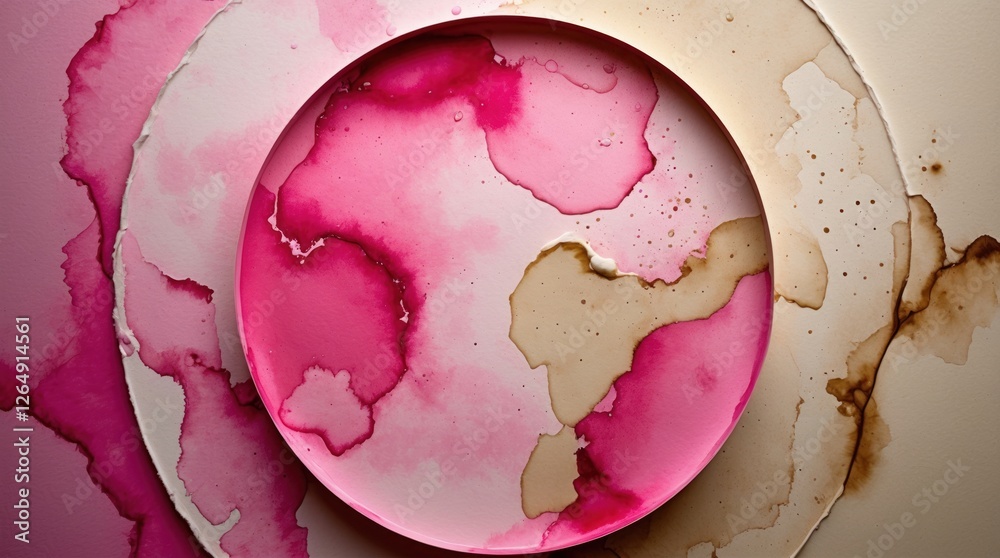 Poster abstract circular design with pink and beige watercolor stains on textured background featuring soft