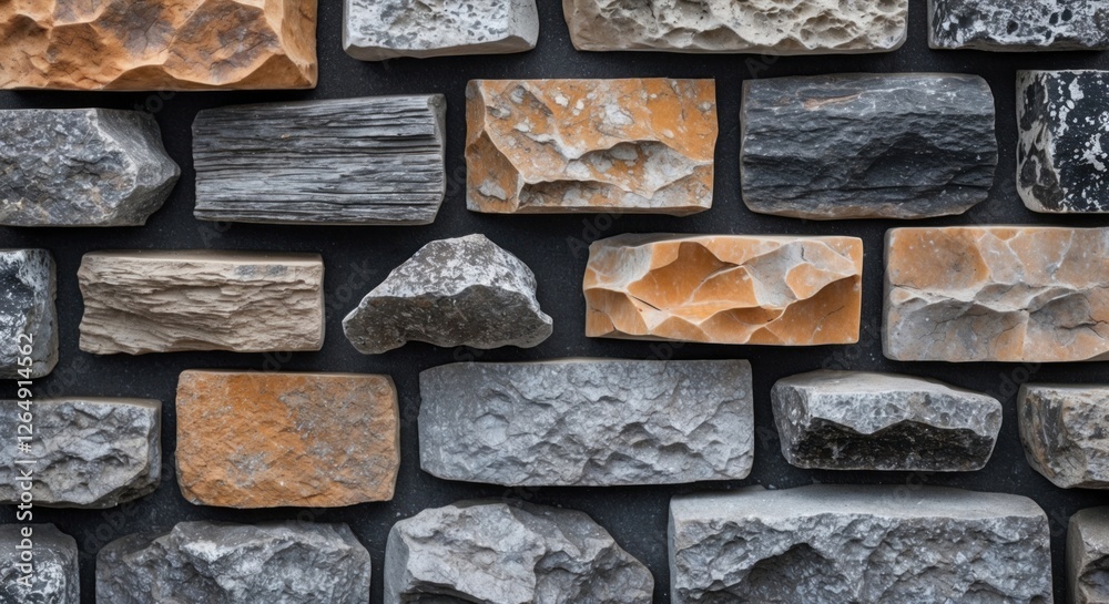 Poster natural stone wall texture with various shapes and colors of stones including gray, orange, and blac