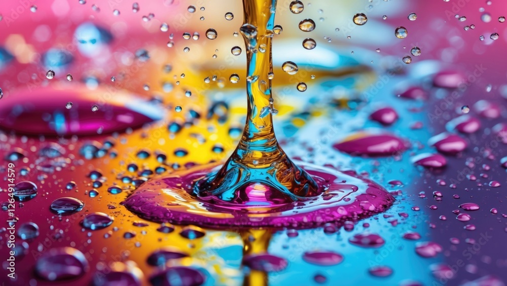 Aufkleber Close-up of colorful water droplets and splash on vibrant background with reflections and copy space for text