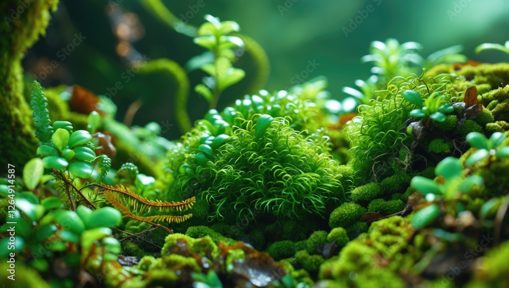 Poster lush green forest floor with vibrant moss and small plants in natural lighting with depth of field e
