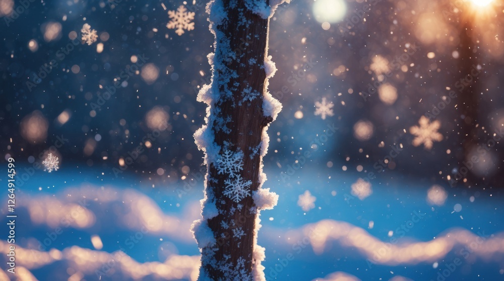 Poster Snowflakes falling on tree trunk in winter landscape with blurred background and soft light effects Copy Space